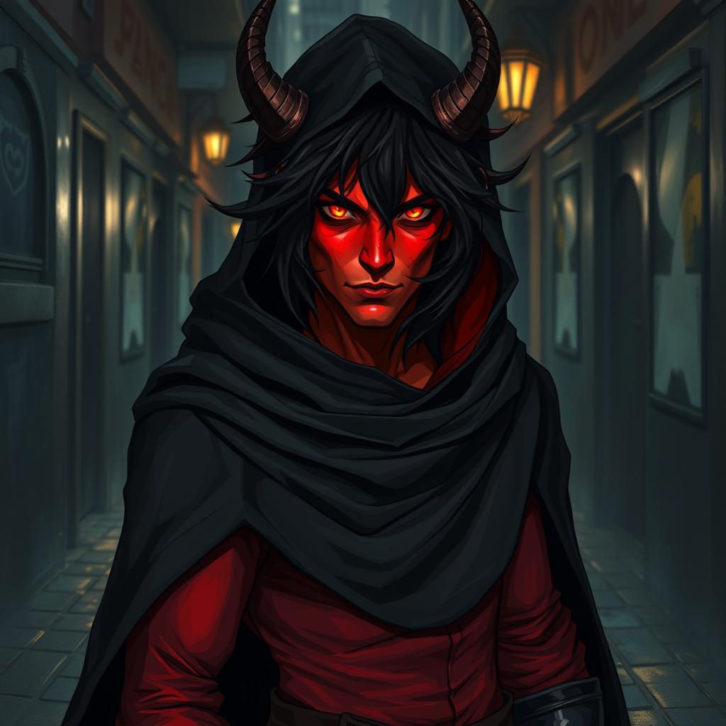 An intriguing half-demon rogue with vibrant red skin and striking black hair that falls in wild, tousled strands around his face