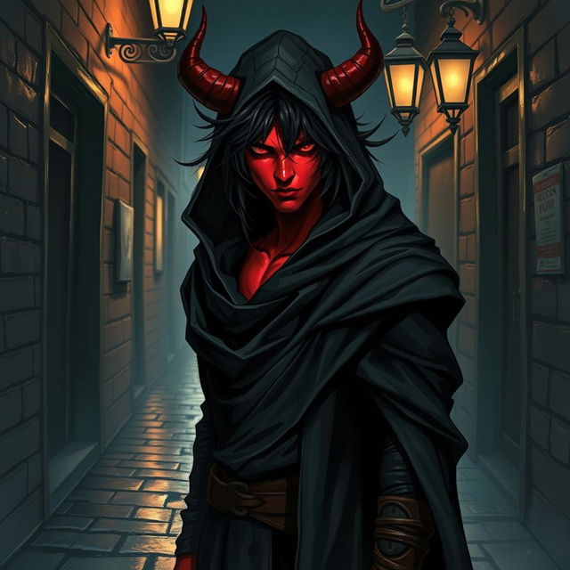 An intriguing half-demon rogue with vibrant red skin and striking black hair that falls in wild, tousled strands around his face