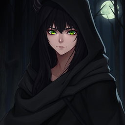 A half-demon character with long black hair and striking green eyes