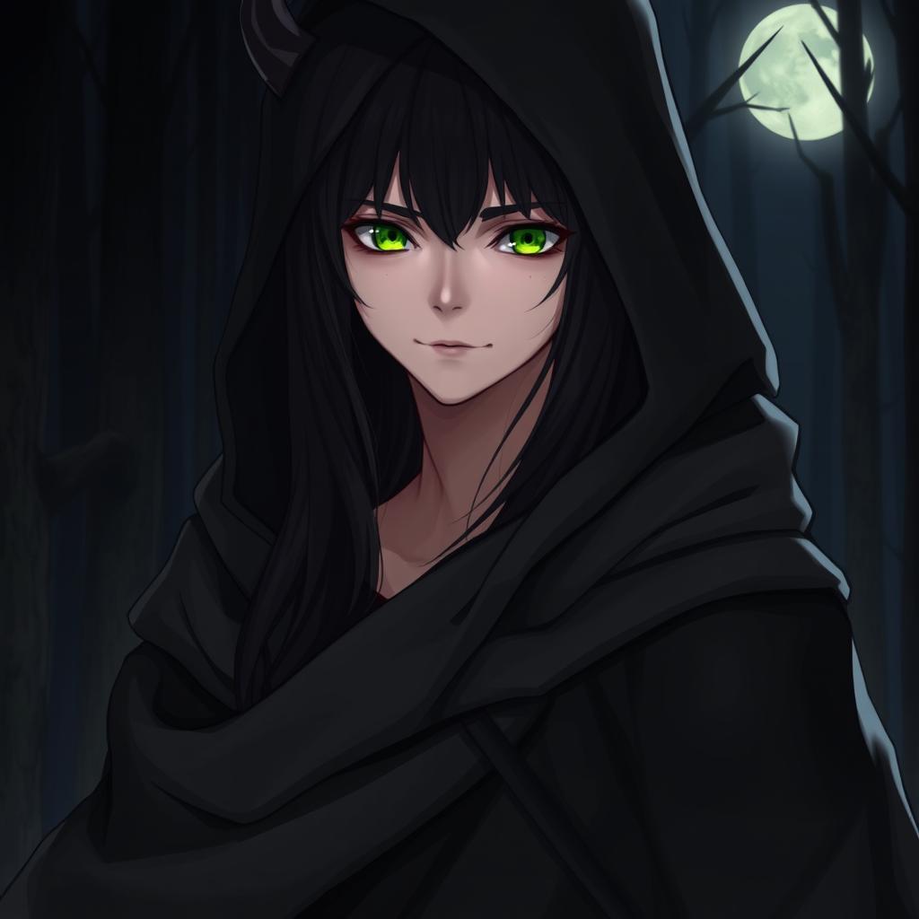 A half-demon character with long black hair and striking green eyes