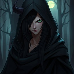 A half-demon character with long black hair and striking green eyes