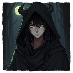 A half-demon character with long black hair and striking green eyes