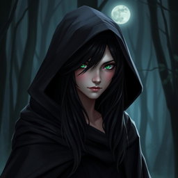 A half-demon character with long black hair and striking green eyes