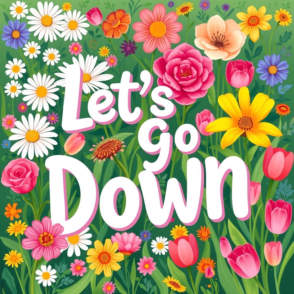 A vibrant, cheerful illustration featuring the phrase 'Let's Go Down' artistically integrated into a lush background of beautiful flowers