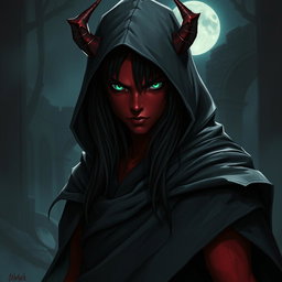 A half-demon rogue character with striking red skin, long black hair, and captivating green eyes