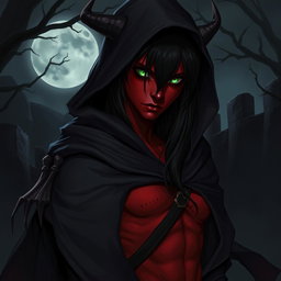 A half-demon rogue character with striking red skin, long black hair, and captivating green eyes