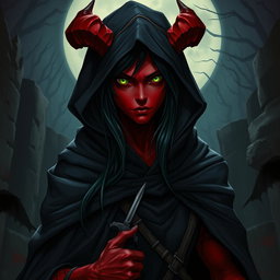 A half-demon rogue character with striking red skin, long black hair, and captivating green eyes