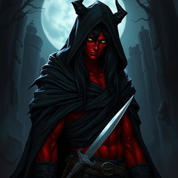 A half-demon rogue character with striking red skin, long black hair, and captivating green eyes