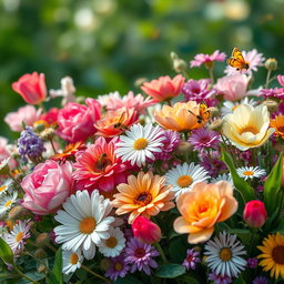 A vibrant floral scene filled with a variety of colorful flowers, lush green foliage, and intricate details