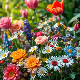 A vibrant floral scene filled with a variety of colorful flowers, lush green foliage, and intricate details