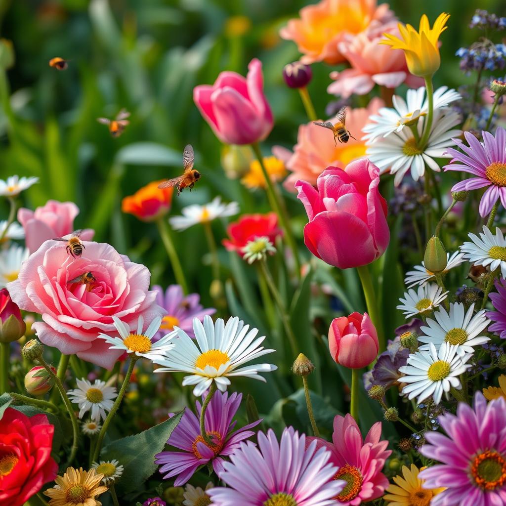 A vibrant floral scene filled with a variety of colorful flowers, lush green foliage, and intricate details