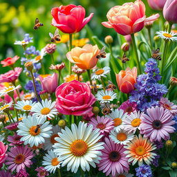 A vibrant floral scene filled with a variety of colorful flowers, lush green foliage, and intricate details