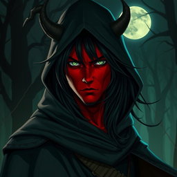 A half-demon rogue man with striking red skin, long flowing black hair, and captivating green eyes