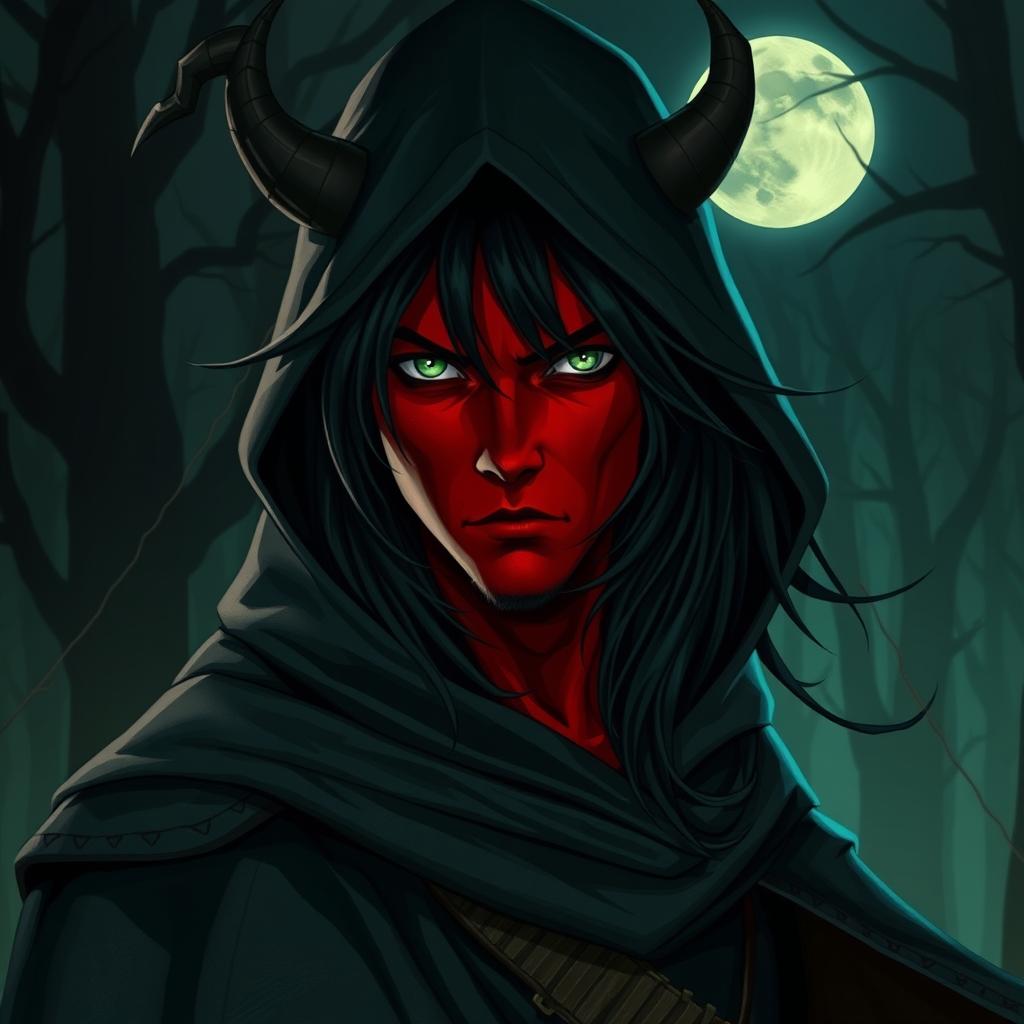 A half-demon rogue man with striking red skin, long flowing black hair, and captivating green eyes