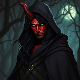 A half-demon rogue man with striking red skin, long flowing black hair, and captivating green eyes