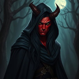 A half-demon rogue man with striking red skin, long flowing black hair, and captivating green eyes