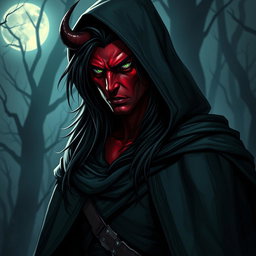A half-demon rogue man with striking red skin, long flowing black hair, and captivating green eyes