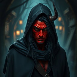 A half-demon rogue man characterized by his striking red skin, long black hair, and piercing green eyes