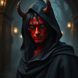 A half-demon rogue man characterized by his striking red skin, long black hair, and piercing green eyes