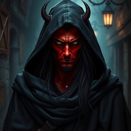 A half-demon rogue man characterized by his striking red skin, long black hair, and piercing green eyes