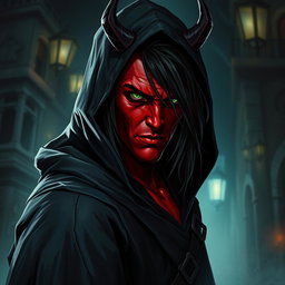 A half-demon rogue man characterized by his striking red skin, long black hair, and piercing green eyes