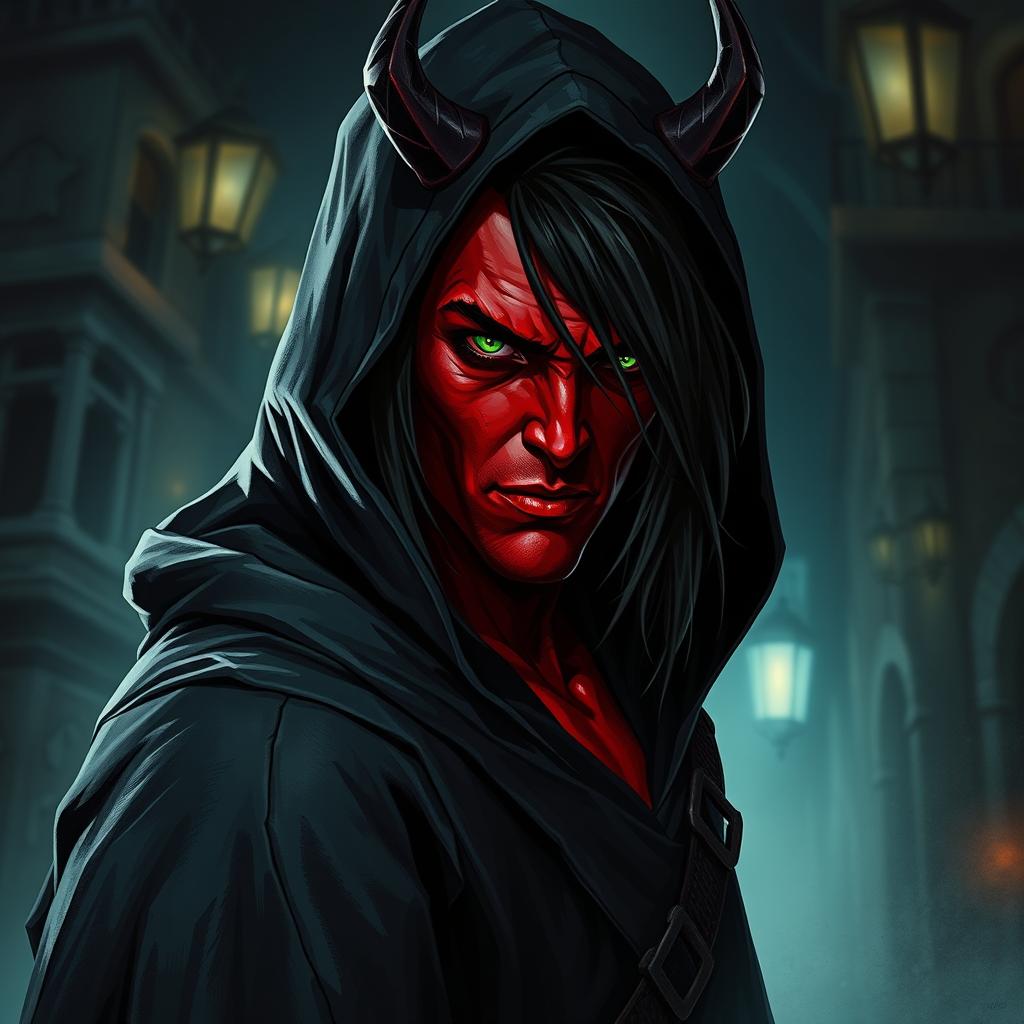 A half-demon rogue man characterized by his striking red skin, long black hair, and piercing green eyes