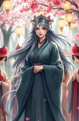 A magical Chinese woman with flowing silver and black hair, elegantly dressed in a traditional robe adorned with intricate patterns
