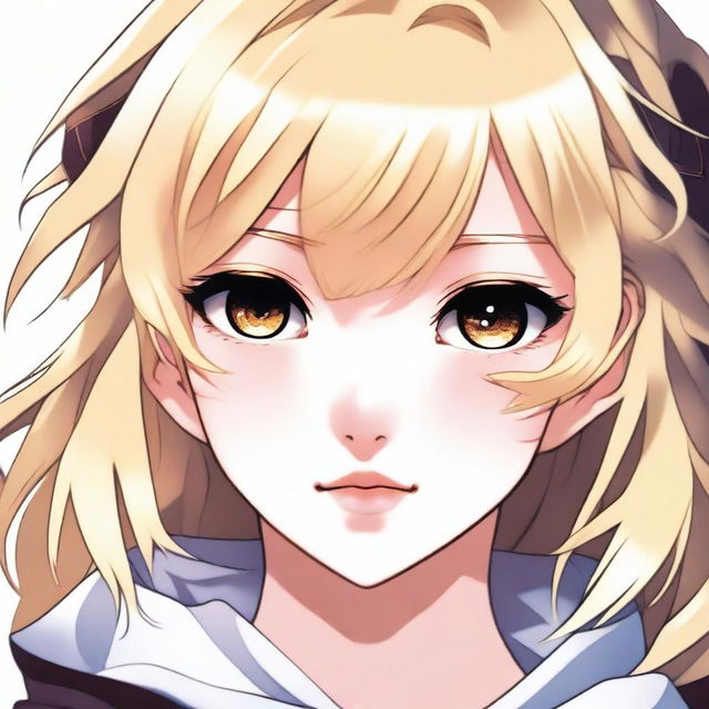 A digital art depiction of a blonde-haired anime girl with captivating brown eyes