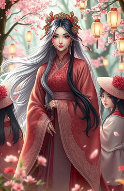A magical Chinese woman with flowing silver and black hair, elegantly dressed in a traditional robe adorned with intricate patterns
