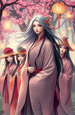 A magical Chinese woman with flowing silver and black hair, elegantly dressed in a traditional robe adorned with intricate patterns