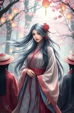 A magical Chinese woman with flowing silver and black hair, elegantly dressed in a traditional robe adorned with intricate patterns