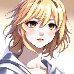 A digital art depiction of a blonde-haired anime girl with captivating brown eyes