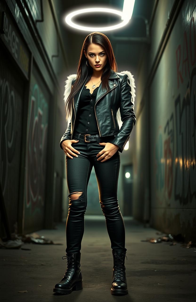 A heartless female gang leader, exuding a strong and powerful aura, standing confidently under a halo of soft angelic light