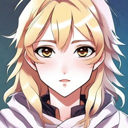 A digital art depiction of a blonde-haired anime girl with captivating brown eyes