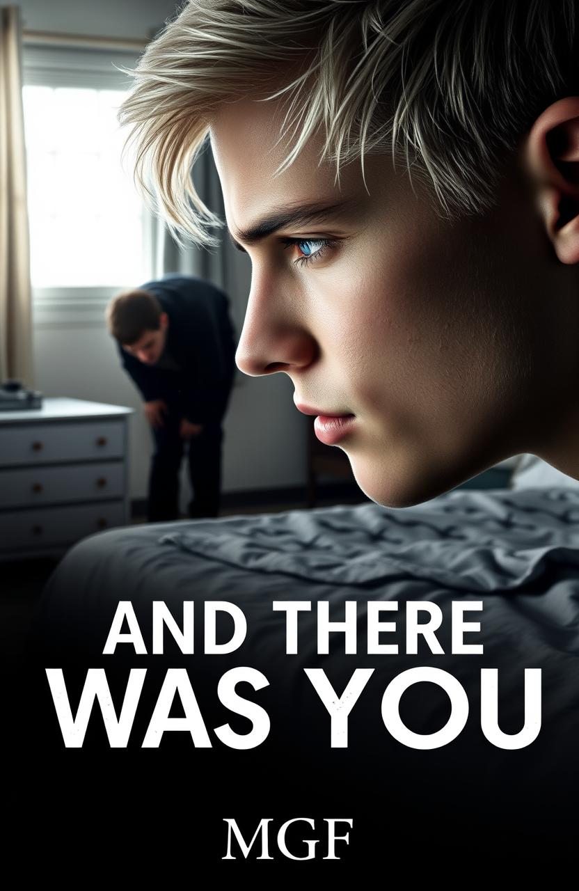 A poignant and emotional book cover scene featuring a close-up of a young man with platinum-blond hair and piercing blue eyes, embodying beauty