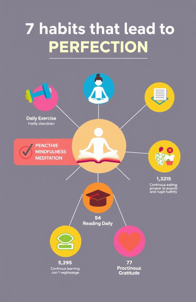 A visually appealing infographic showcasing 7 habits that lead to perfection, each habit represented with an engaging icon and brief description