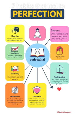 A visually appealing infographic showcasing 7 habits that lead to perfection, each habit represented with an engaging icon and brief description