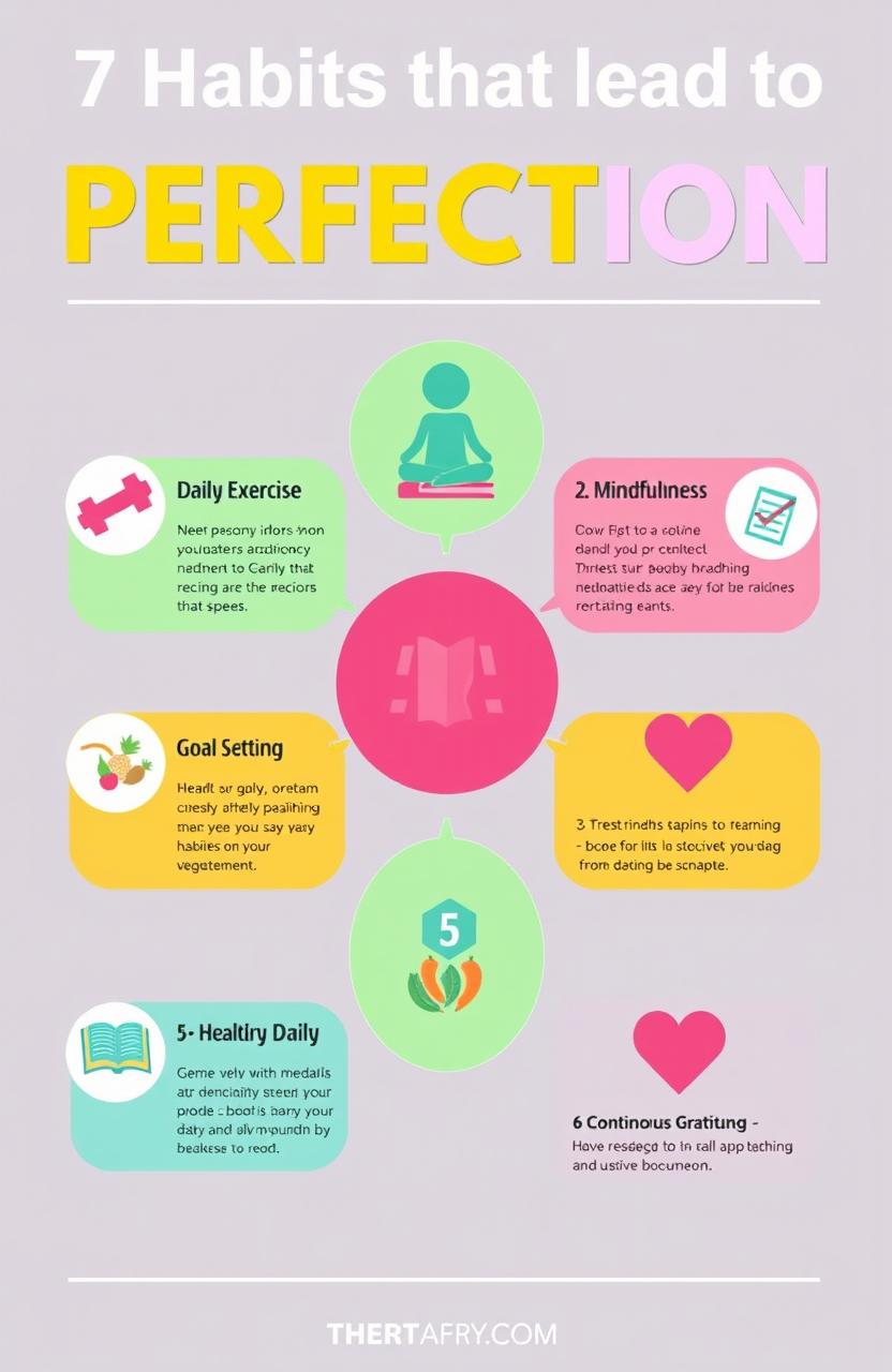 A visually appealing infographic showcasing 7 habits that lead to perfection, each habit represented with an engaging icon and brief description