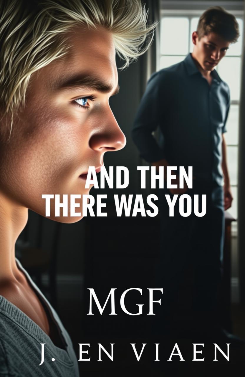 A poignant and emotional book cover scene featuring a close-up of a beautiful young man with platinum-blond hair and piercing blue eyes