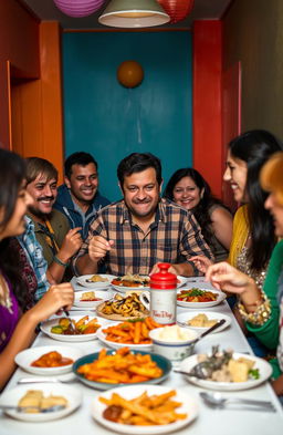 A scene depicting a man surrounded by bright colored walls, with happy people enjoying a meal around a dining table with him