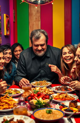 A scene depicting a man surrounded by bright colored walls, with happy people enjoying a meal around a dining table with him