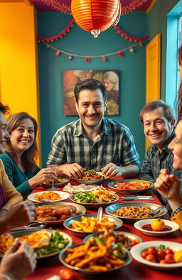 A scene depicting a man surrounded by bright colored walls, with happy people enjoying a meal around a dining table with him