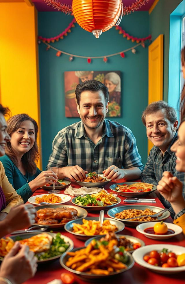 A scene depicting a man surrounded by bright colored walls, with happy people enjoying a meal around a dining table with him