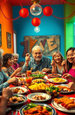 A scene depicting a man surrounded by bright colored walls, with happy people enjoying a meal around a dining table with him