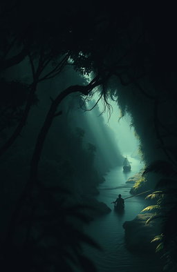 An atmospheric and haunting depiction of a dense, shadowy jungle, inspired by Joseph Conrad's "Heart of Darkness"