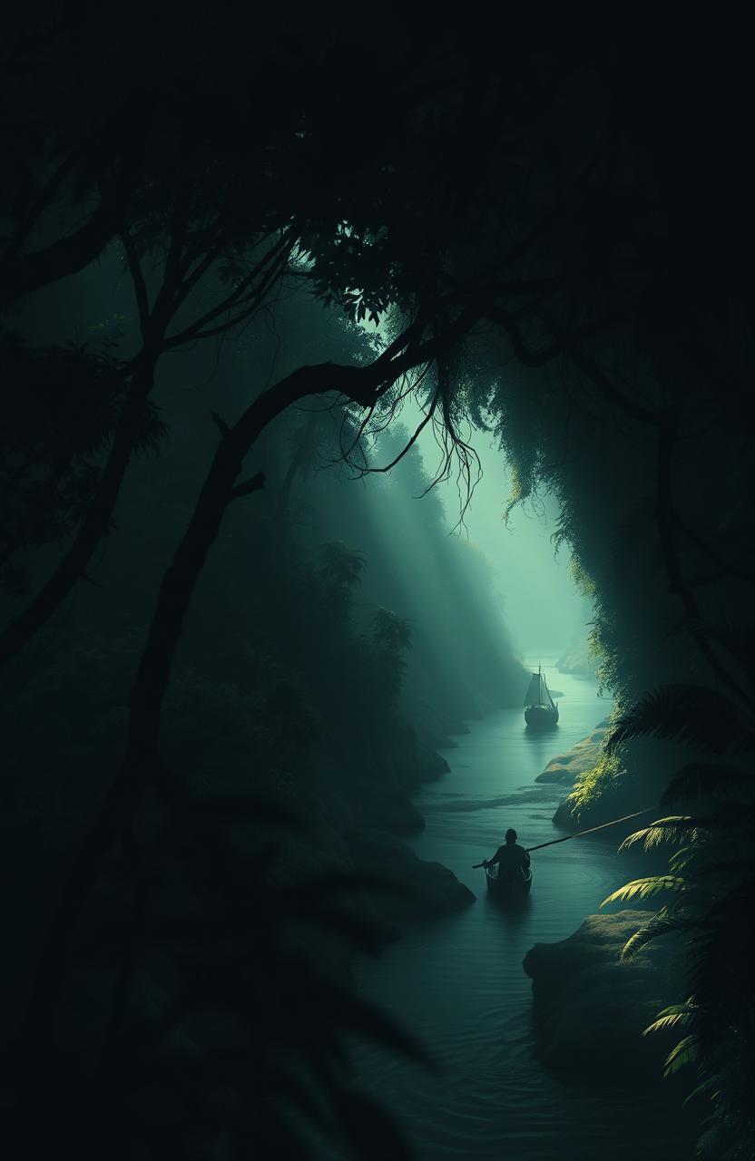 An atmospheric and haunting depiction of a dense, shadowy jungle, inspired by Joseph Conrad's "Heart of Darkness"