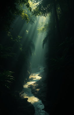 An atmospheric and haunting depiction of a dense, shadowy jungle, inspired by Joseph Conrad's "Heart of Darkness"