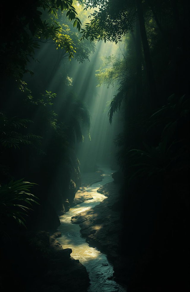 An atmospheric and haunting depiction of a dense, shadowy jungle, inspired by Joseph Conrad's "Heart of Darkness"