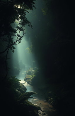 An atmospheric and haunting depiction of a dense, shadowy jungle, inspired by Joseph Conrad's "Heart of Darkness"