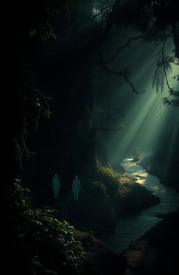 An atmospheric and haunting depiction of a dense, shadowy jungle, inspired by Joseph Conrad's "Heart of Darkness"